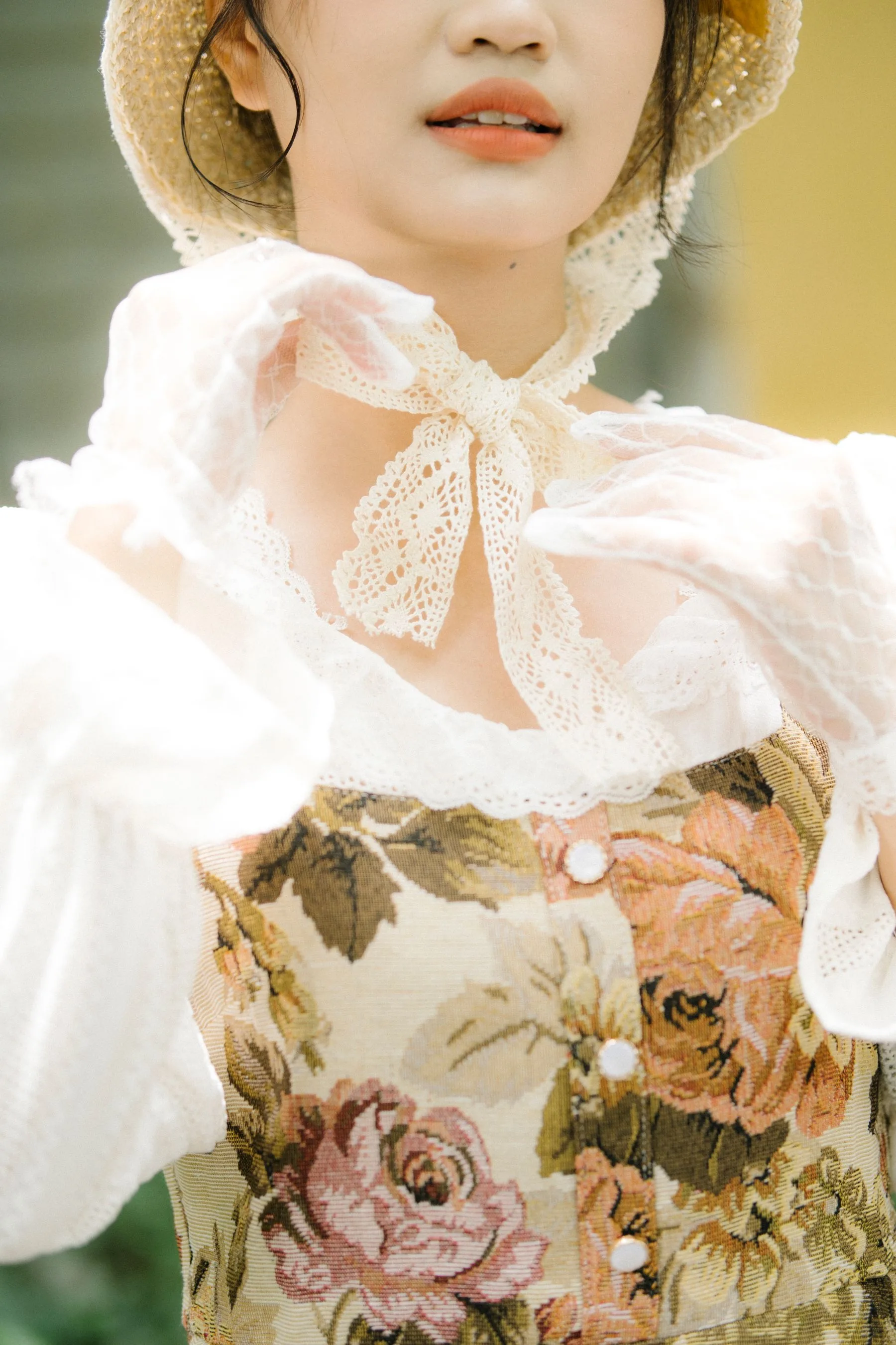 Close view of a lace-trimmed vintage bodice with a woven garden motif